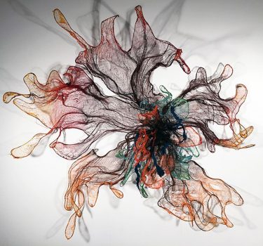 Here and Now. Cheesecloth, jute string, dye and wire. 2017