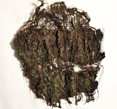 State of Decay II. Handmade paper, dye, acrylic, rope, ground coffee and burlap. 2009