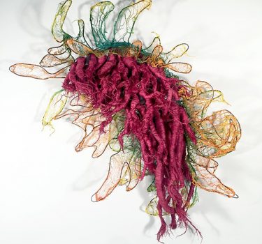 Synergies. Cheesecloth, jute string, dye and wire. 2017